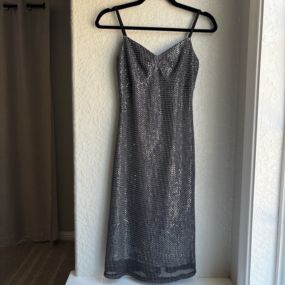 Charlotte Russe Vintage Women S Dress Y2K Black Silver Sequin Metallic Mesh‎ 90s